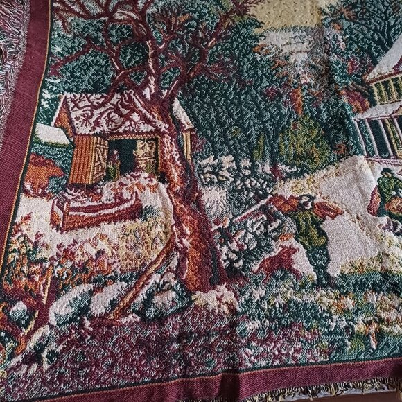 Beautiful Vintage 100% Cotton Throw Blanket Horse Barn and Carriage House Motif - Picture 8 of 11